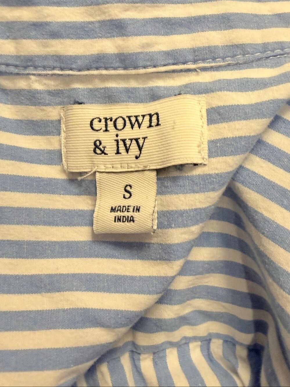 Crown & Ivy Striped Blouse Ruffle Button Front Stand Up Collar Small Preppy Clas - Picture 9 of 10